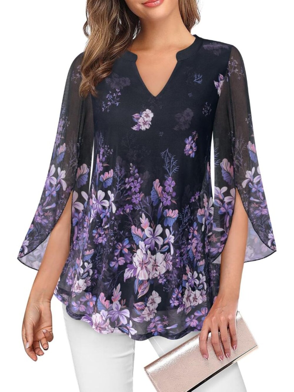 VALOLIA Women's Tops Black 3/4 Sleeve Floral V Neck Double Layers Mesh Blouses - Picture 2 of 6